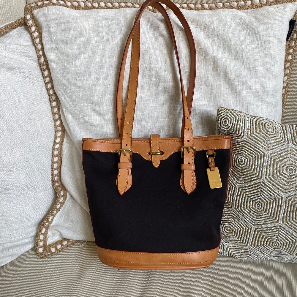 Vintage Dooney & Bourke USA Navy Canvas Bucket Tote | Vachetta Leather, Brass